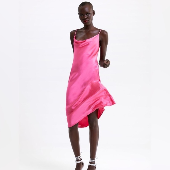 Zara hot pink satin midi slip dress with cowl neck and spaghetti straps - Picture 13 of 13